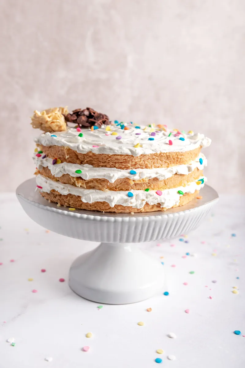 Pastel de fiesta tipo naked cake con capas de crema y confeti de colores sobre pedestal blanco