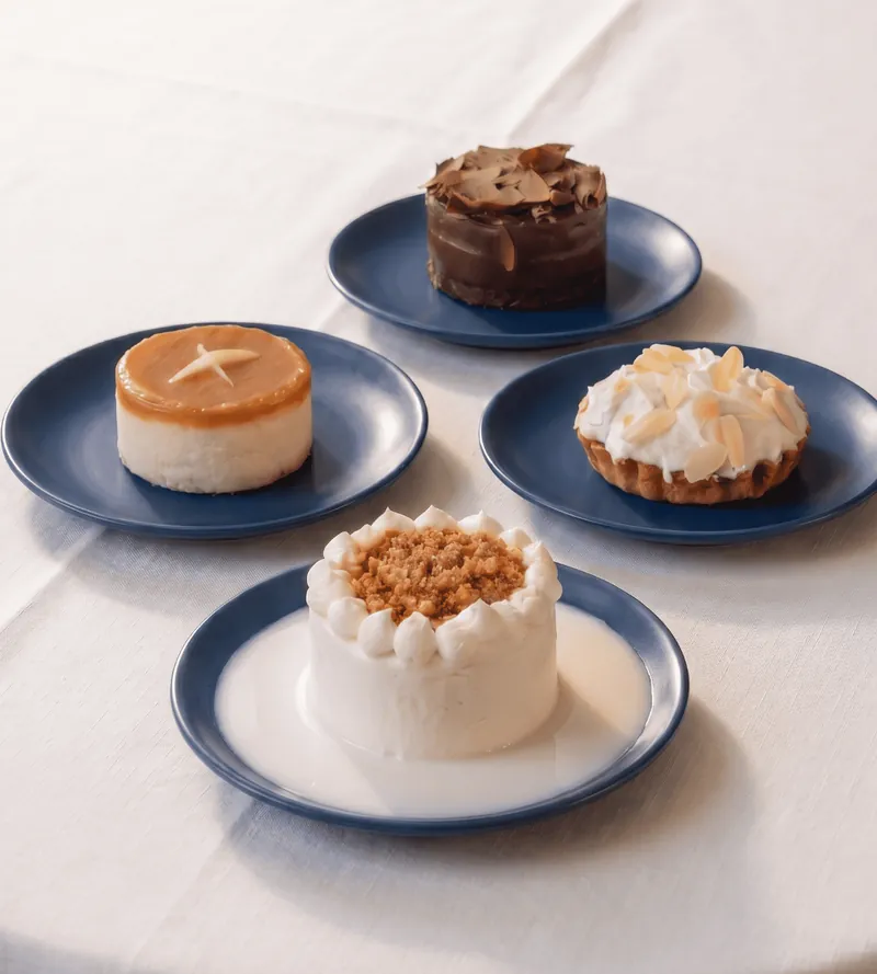 Cinco postres individuales surtidos en platos azules de Boston Bakery