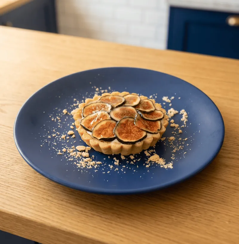Tarta individual de plátano caramelizado en plato azul sobre mesa de madera